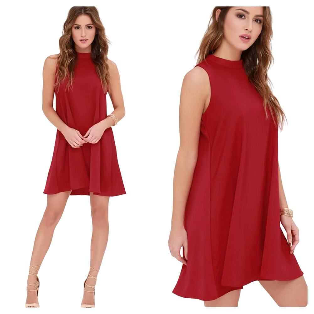Lulus Sway Time Wine Red Swing Dress Chic Mock Neck Swing Dress S